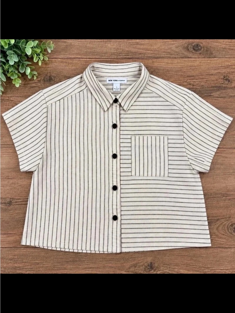 New York & Company Cream and Black Striped Short-Sleeve Button-Up Top